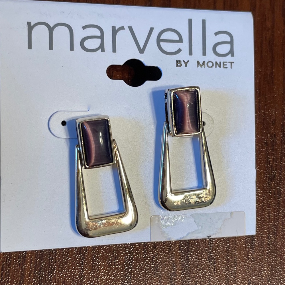 Marvella by Monet Silver Tone Purple Cats Eye Geometric Door Knocker Earrings